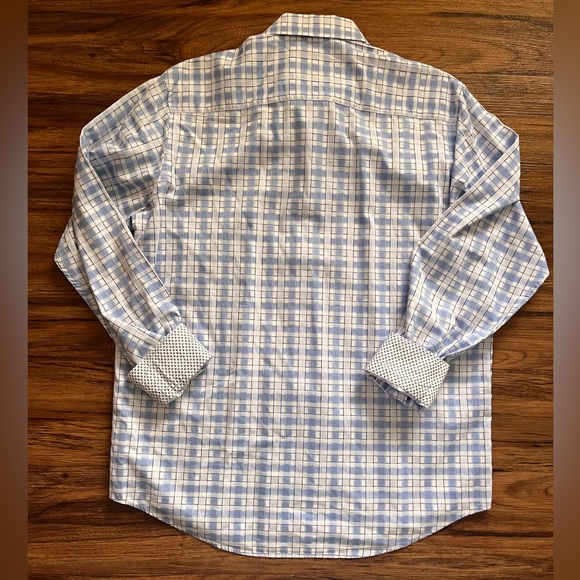 Bugatchi Men's Medium White&Blue Plaid Flip Cuff Long Sleeve Button Front Shirt - Picture 4 of 7